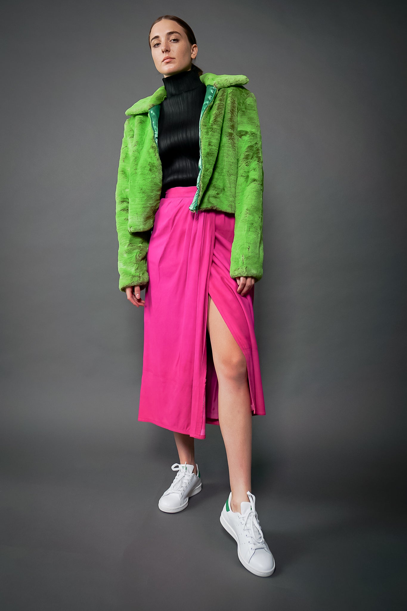 Girl in Vintage Kasper for JL Sport Hot Pink Tissue Suede Wrap Skirt & Lime Faux Fur at Recess LA