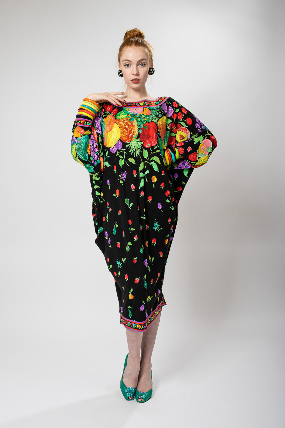 Vintage Leonard Fruit and Floral Dolman Dress model shot @recessla