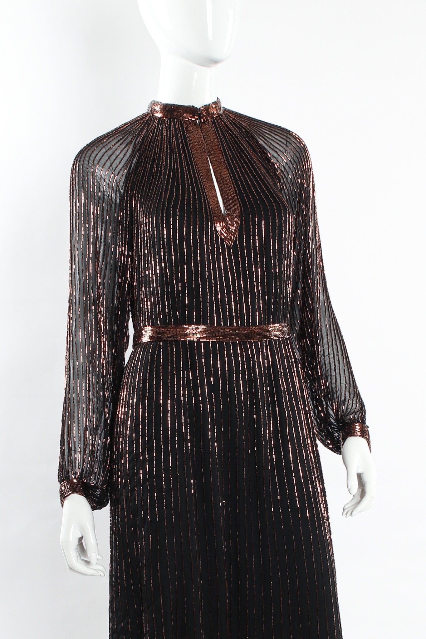 Vintage Abby Fredelle Glass Bead Silk Tunic Dress mannequin front close with belt @ Recess LA