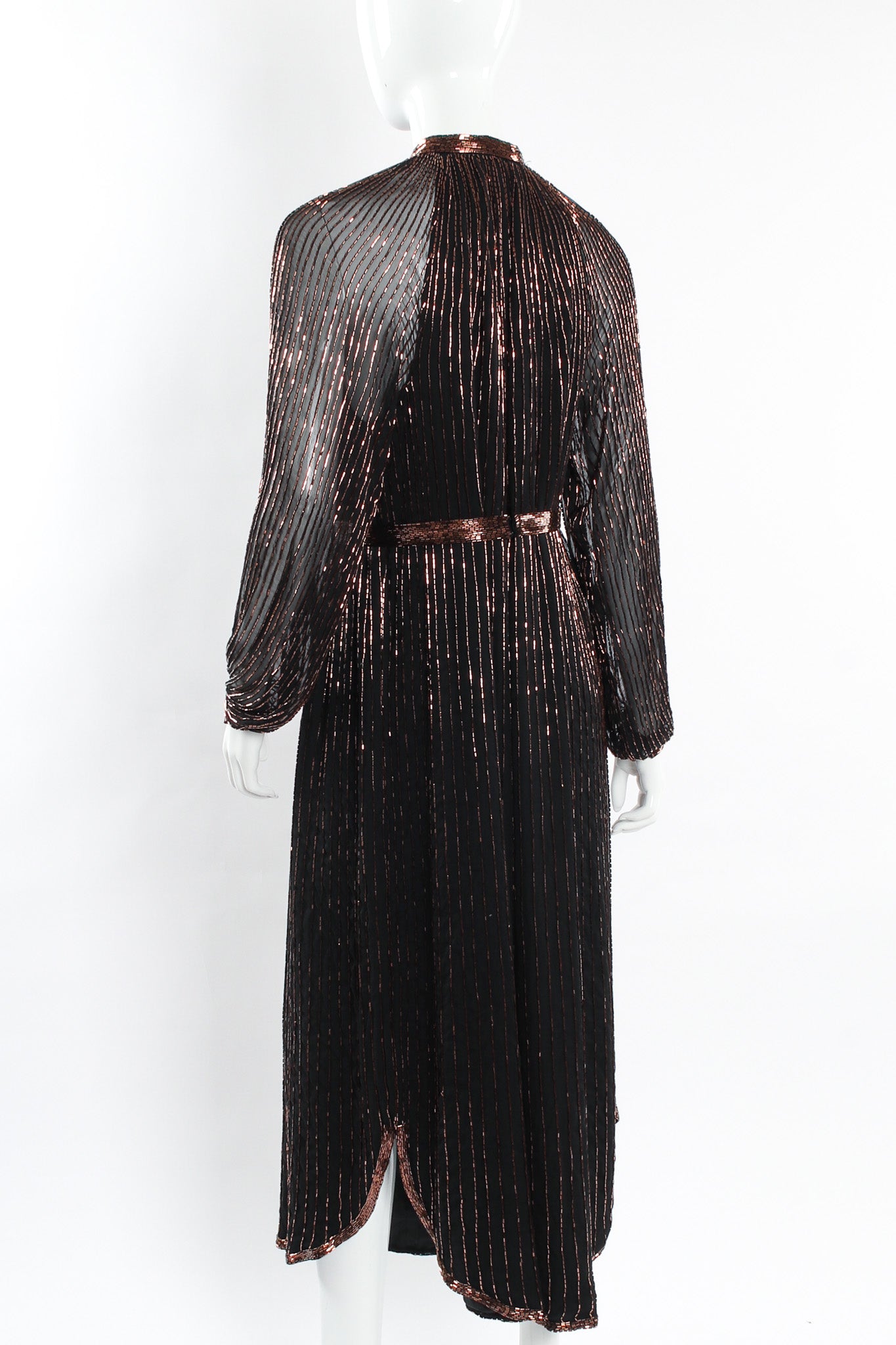 Vintage Abby Fredelle Glass Bead Silk Tunic Dress mannequin back close with belt @ Recess LA