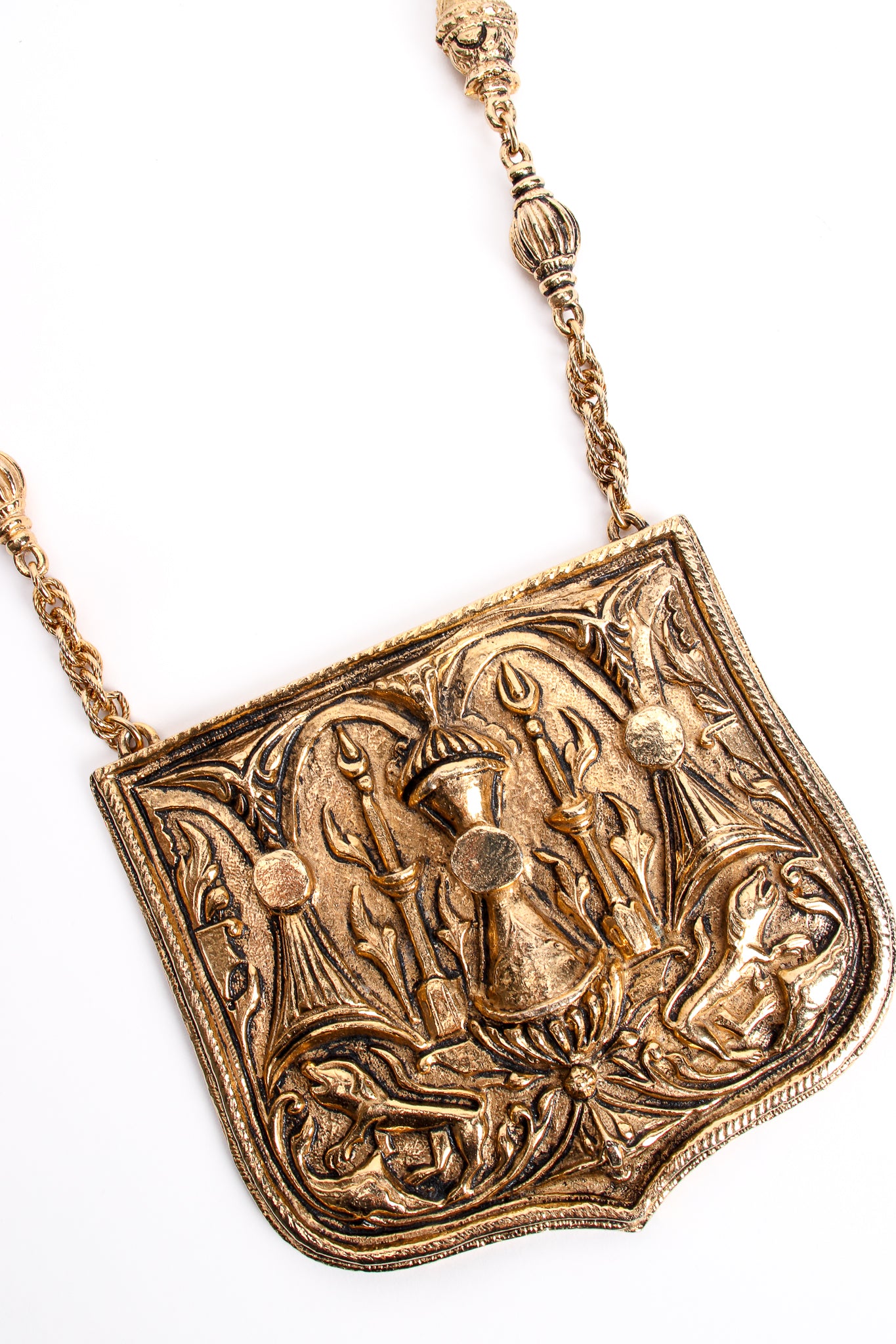 Vintage Accessocraft Brass Gothic Relief Plate Necklace detail at Recess Los Angeles
