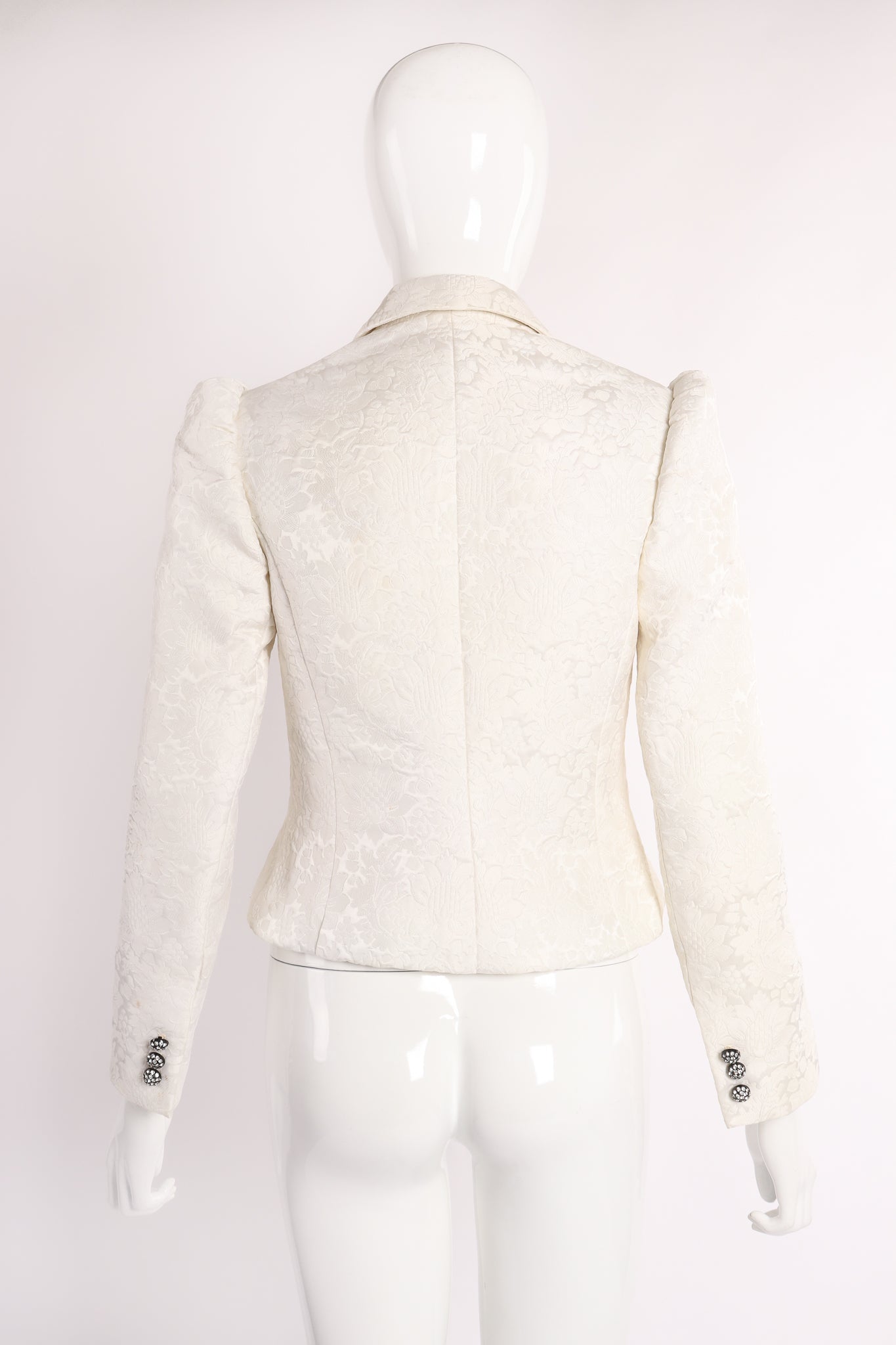 Vintage Adolfo Shrunken Brocade Bridal Wedding Jacket on Mannequin back at Recess Los Angeles