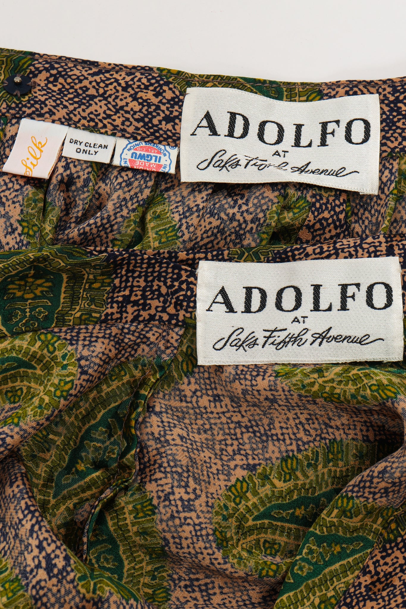 Vintage Adolfo Tossed Paisley Palazzo Pant Set labels at Recess Los Angeles