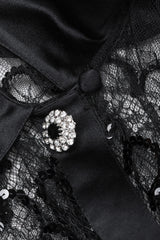 Recess Los Angeles Vintage Adolfo Black Delicate Floral Lace Mesh Scallop Pattern Sequins Trompe L'oeil Satin Faux Rhinestone