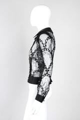 Recess Los Angeles Vintage Adolfo Black Delicate Floral Lace Mesh Scallop Pattern Sequins Trompe L'oeil Satin Faux Rhinestone