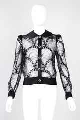 Recess Los Angeles Vintage Adolfo Black Delicate Floral Lace Mesh Scallop Pattern Sequins Trompe L'oeil Satin Faux Rhinestone