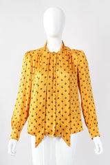 Recess Los Angeles Vintage Adolfo Gold Crown Print Silk Bow Blouse