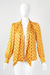 Recess Los Angeles Vintage Adolfo Gold Crown Print Silk Bow Blouse