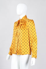 Recess Los Angeles Vintage Adolfo Gold Crown Print Silk Bow Blouse
