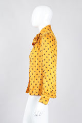 Recess Los Angeles Vintage Adolfo Gold Crown Print Silk Bow Blouse