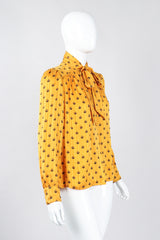 Recess Los Angeles Vintage Adolfo Gold Crown Print Silk Bow Blouse