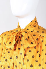 Recess Los Angeles Vintage Adolfo Gold Crown Print Silk Bow Blouse