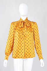 Recess Los Angeles Vintage Adolfo Gold Crown Print Silk Bow Blouse
