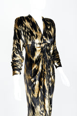 Vintage Adolfo Gathered Velvet Lamé Gown on Mannequin Angled at Recess