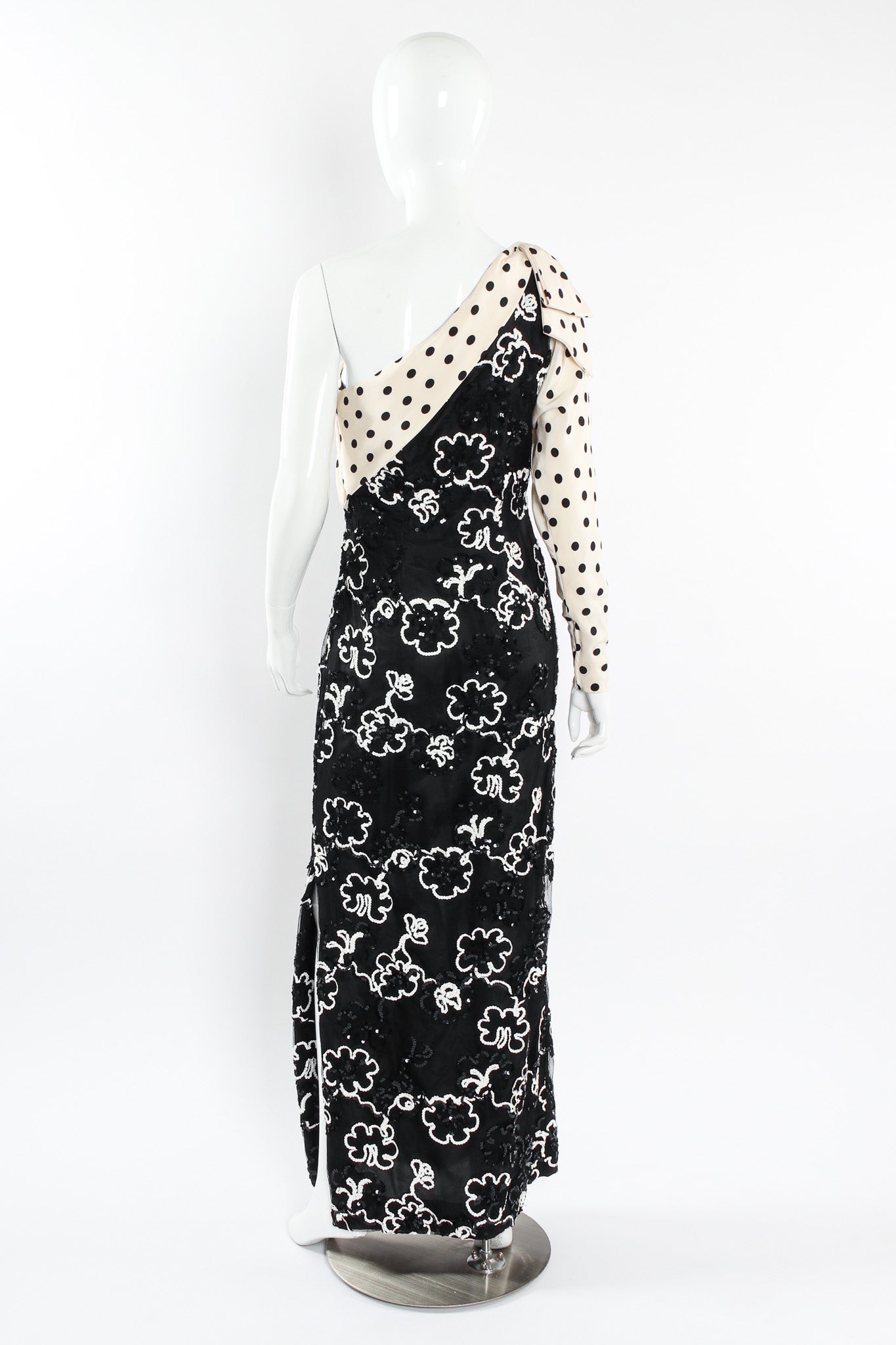Vintage Adolfo for Saks Sequin Floral Lace Polka Dot Silk Dress mannequin back @ Recess LA