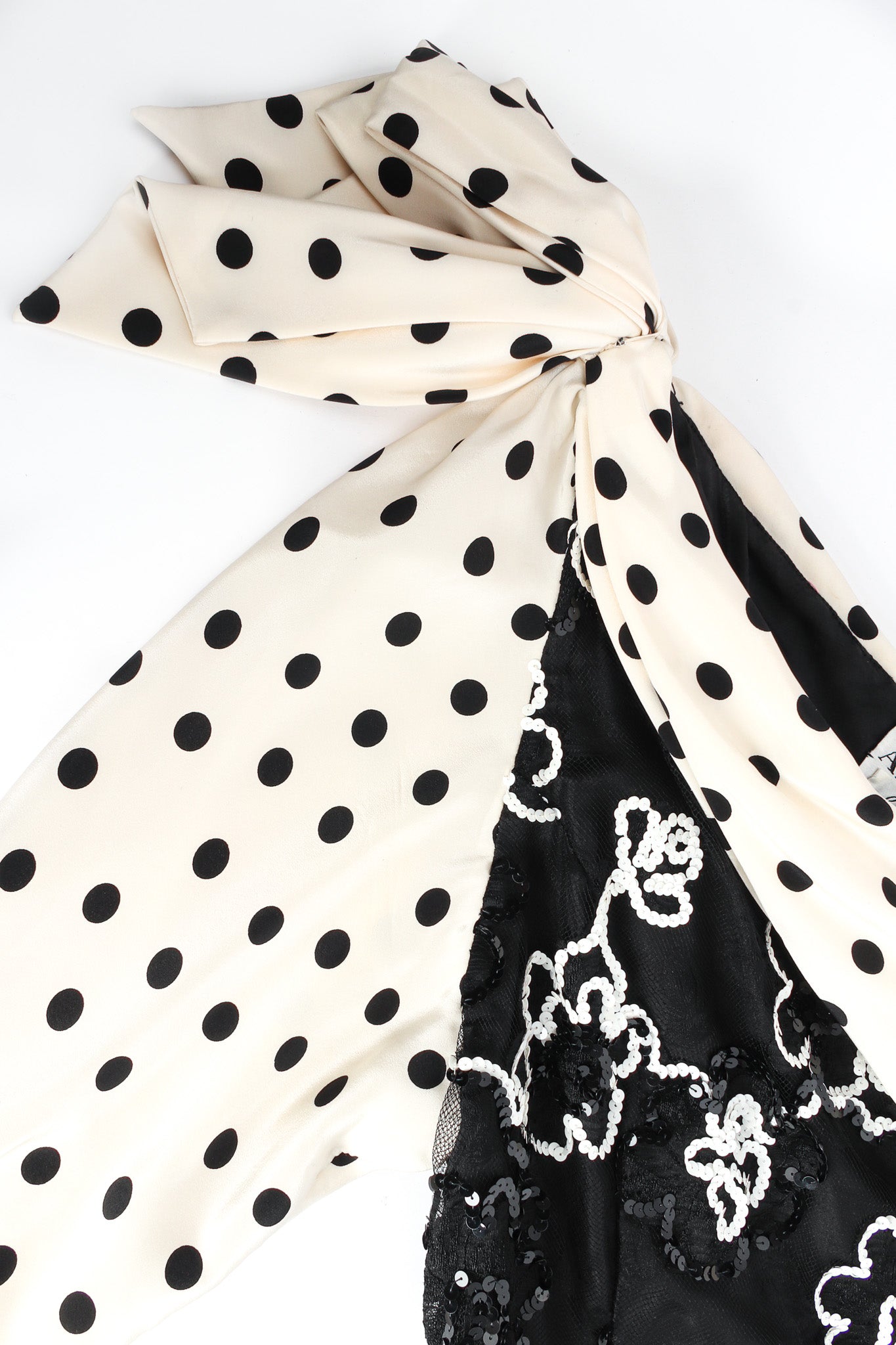 Vintage Adolfo for Saks Sequin Floral Lace Polka Dot Silk Dress top sleeve/bow @ Recess LA