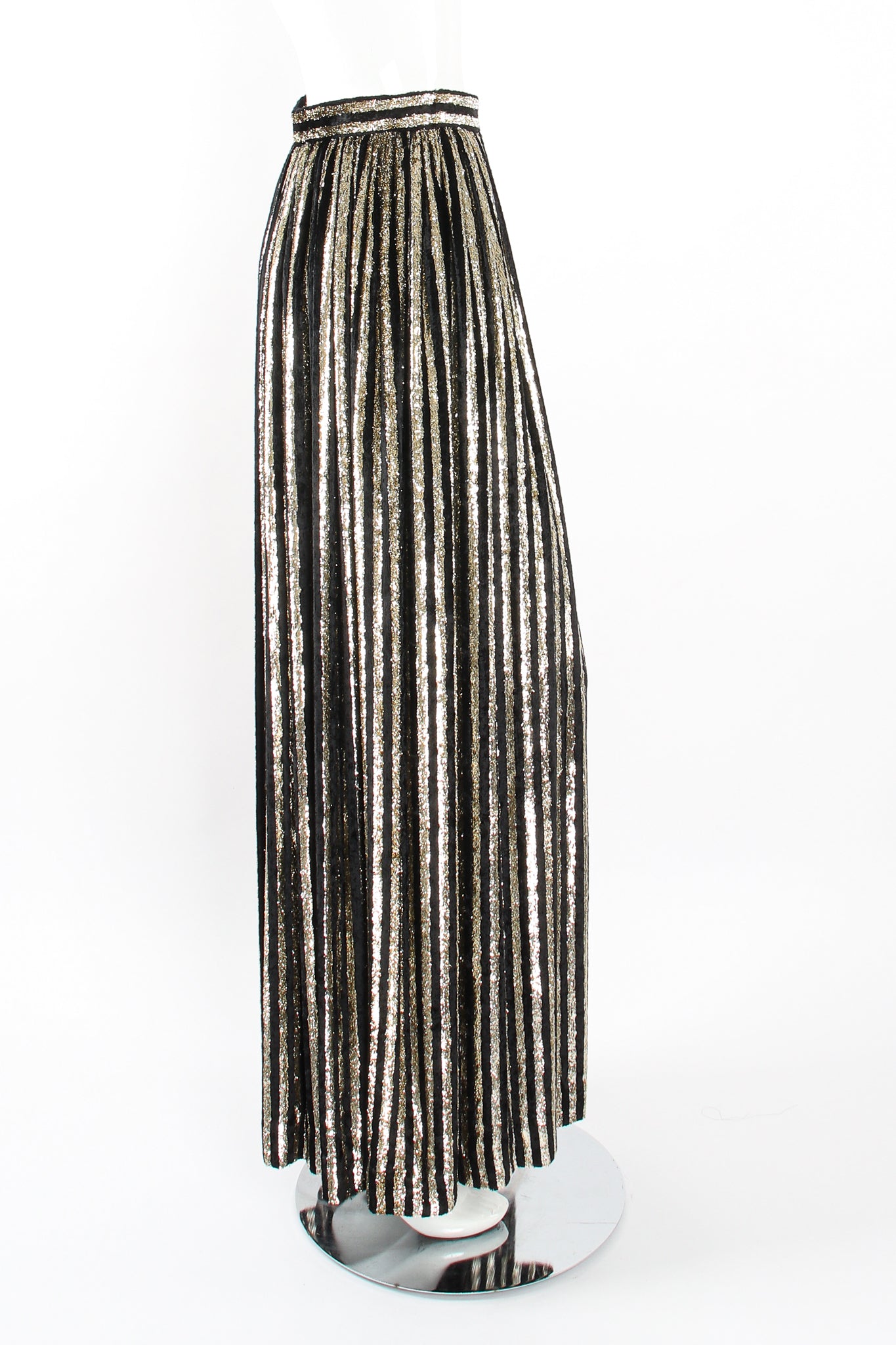 Vintage Adolfo Gold Velvet Lamé Striped Skirt on Mannequin side at Recess Los Angeles
