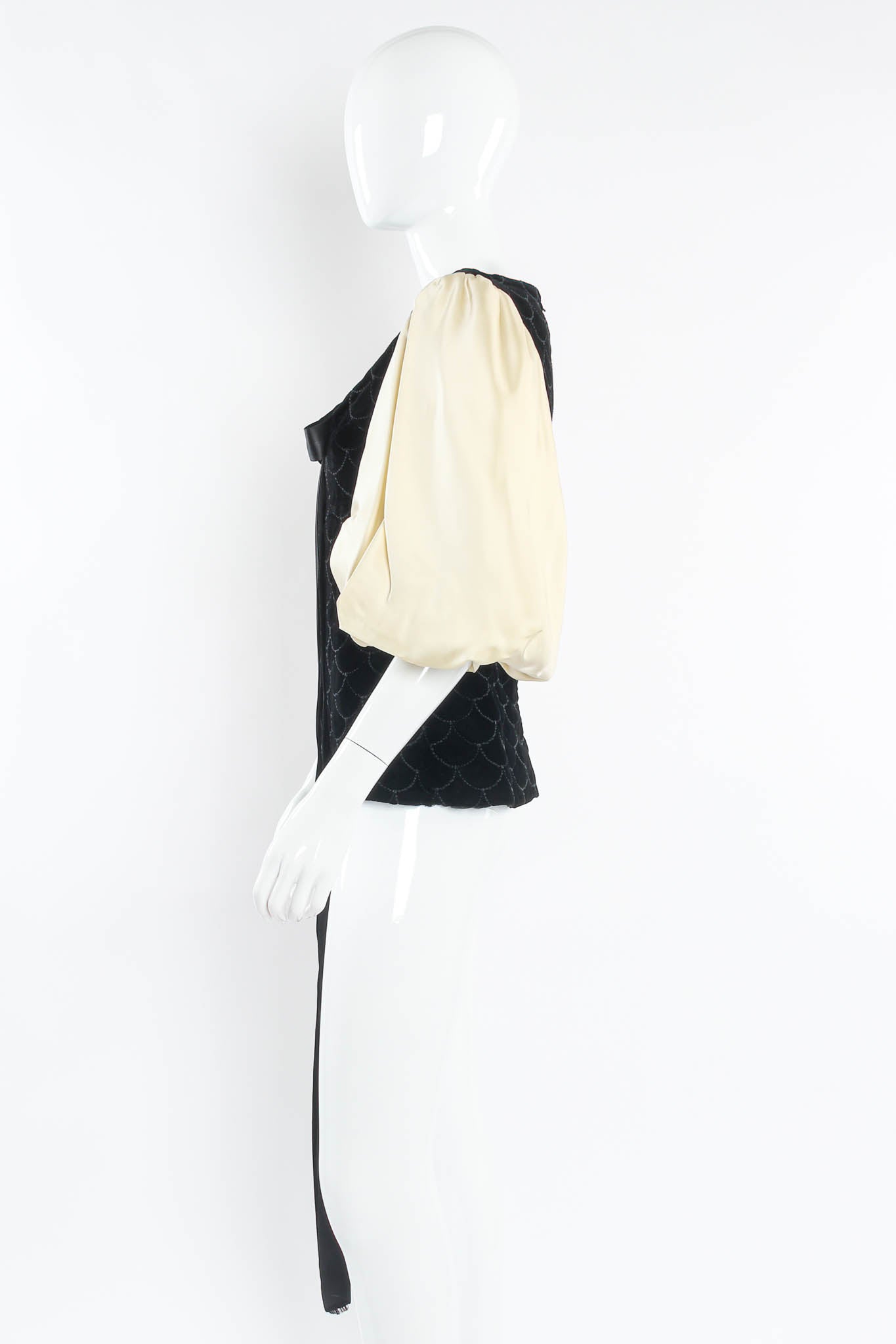 Vintage Adolfo for Saks Velvet Scale Pattern Top & Skirt Set mannequin top side @ Recess Los Angeles