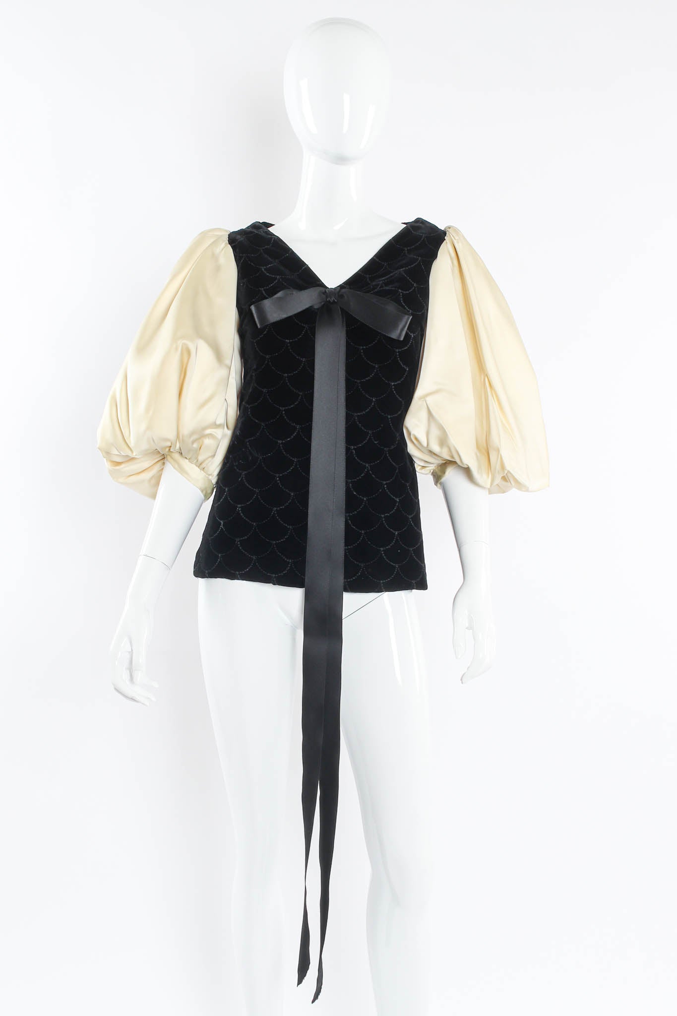 Vintage Adolfo for Saks Velvet Scale Pattern Top & Skirt Set mannequin top front @ Recess Los Angeles