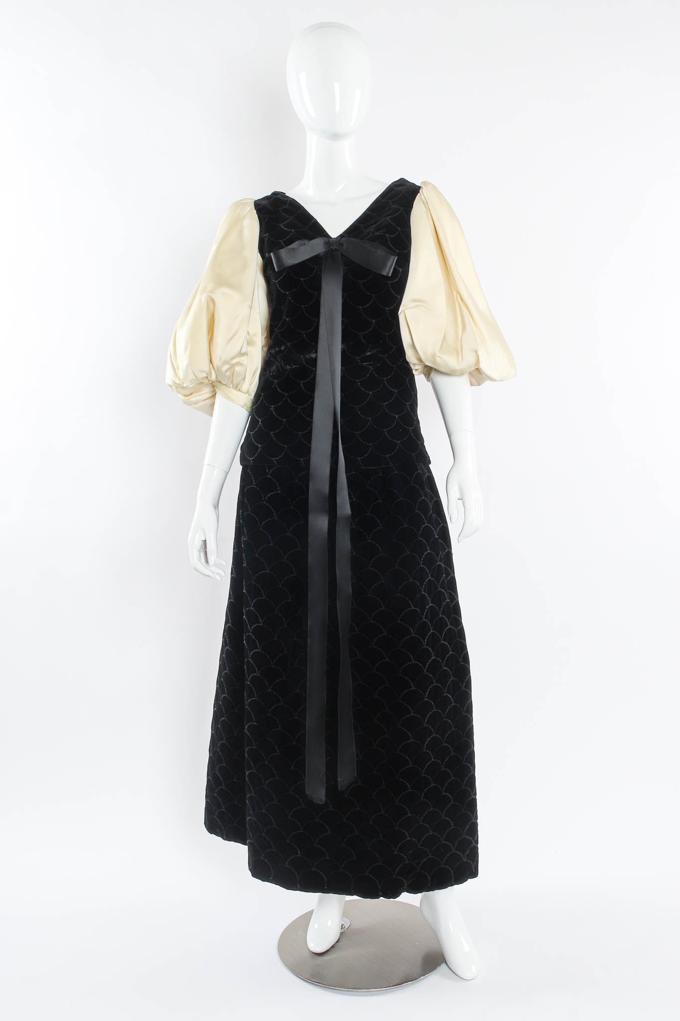 Vintage Adolfo for Saks Velvet Scale Pattern Top & Skirt Set mannequin front @ Recess Los Angeles