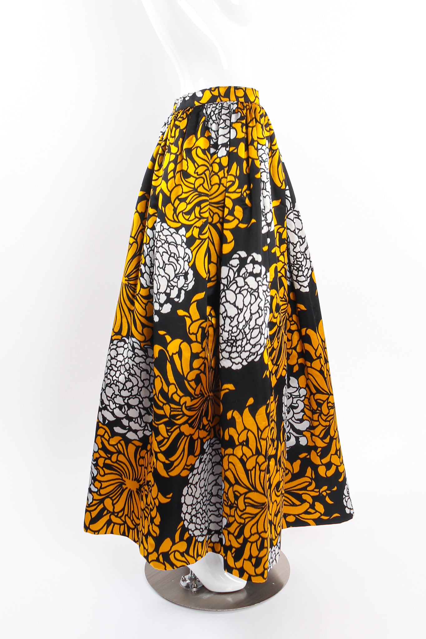 Vintage Adolfo Chrysanthemum Print Silk Skirt on mannequin side at Recess Los Angeles