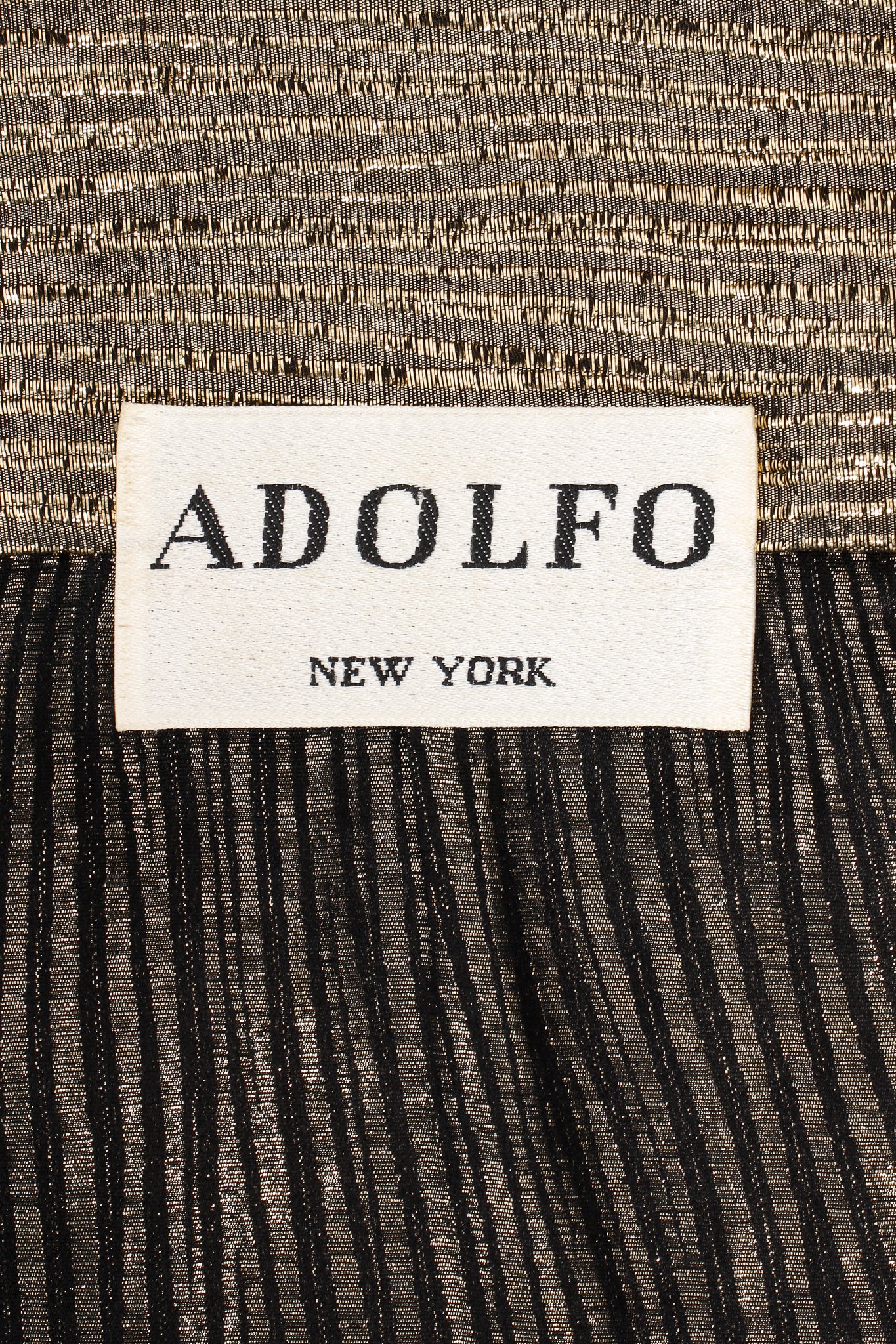 Vintage Adolfo Gold Lamé Ruffle Tie Neck Blouse label at Recess Los Angeles