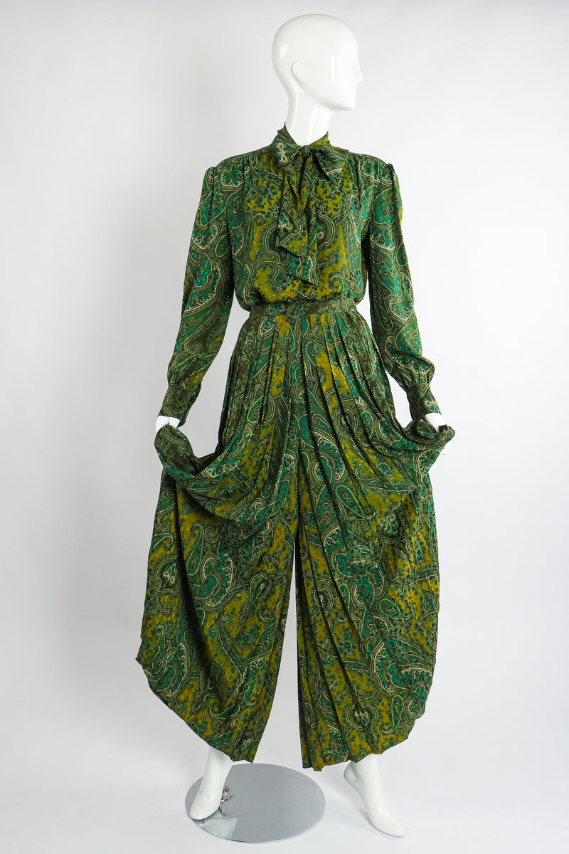 Vintage Adolfo Green Paisley Palazzo Pant Set on Mannequin curtsey at Recess Los Angeles