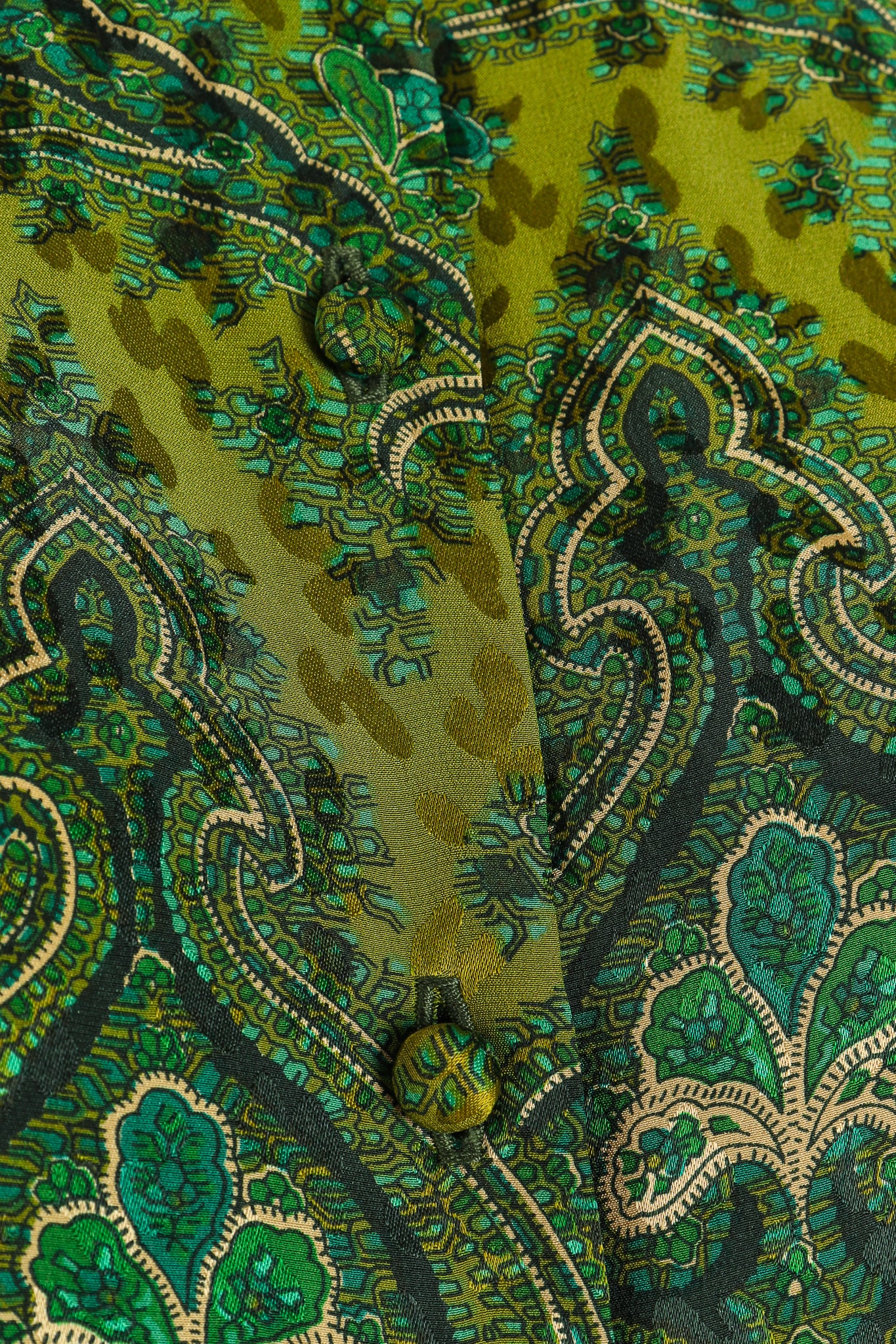 Vintage Adolfo Green Paisley Palazzo Pant Set on Mannequin button detail at Recess Los Angeles