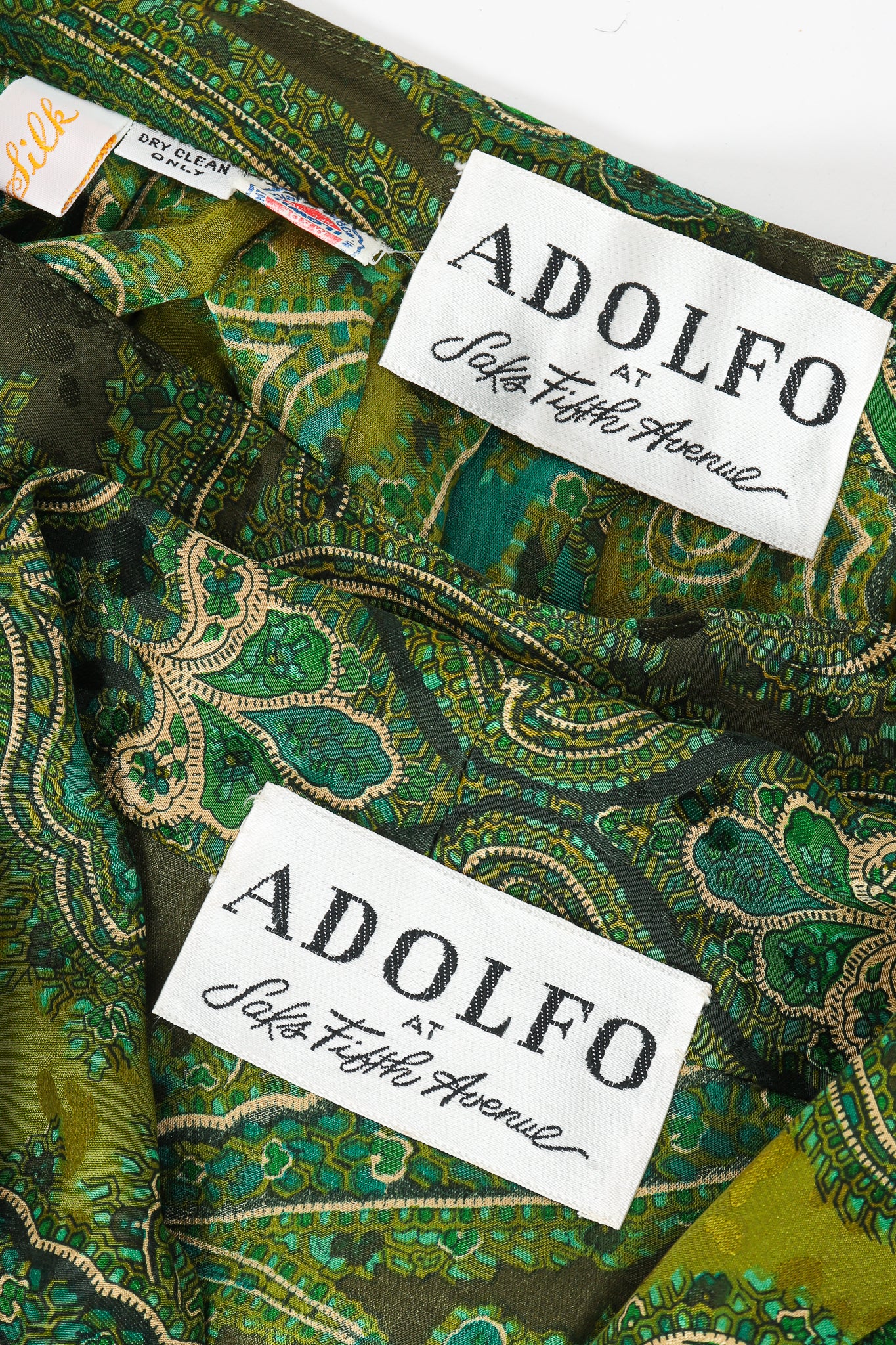 Vintage Adolfo Green Paisley Palazzo Pant Set labels at Recess Los Angeles