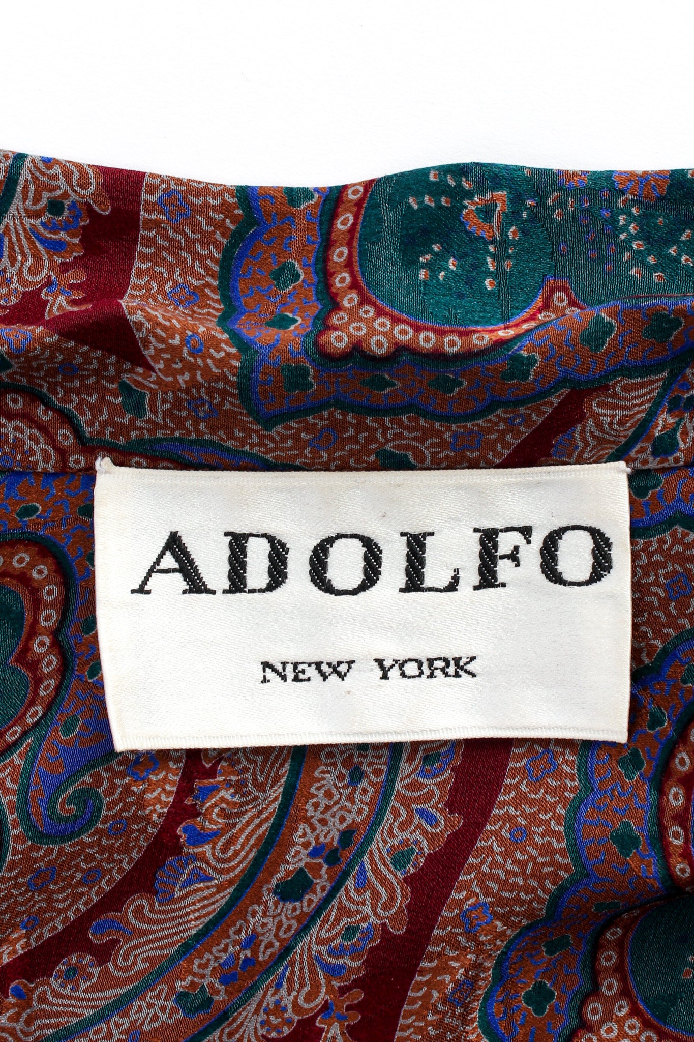 Vintage Adolfo Paisley Floral Top & Skirt Silk Set tag @ Recess LA