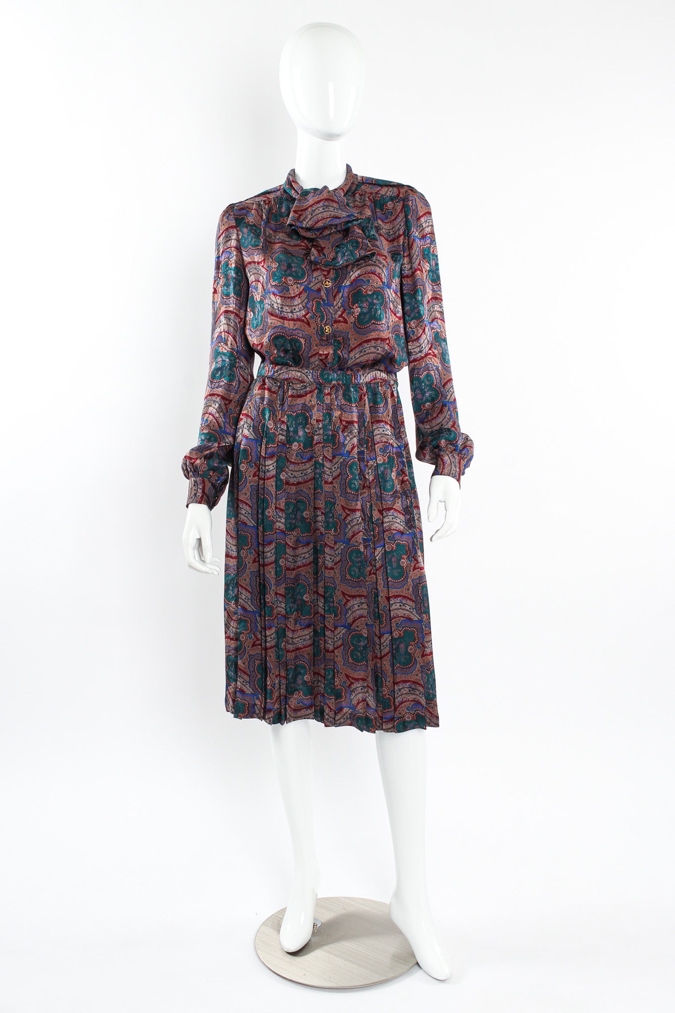 Vintage Adolfo Paisley Floral Top & Skirt Silk Set mannequin front  @ Recess LA