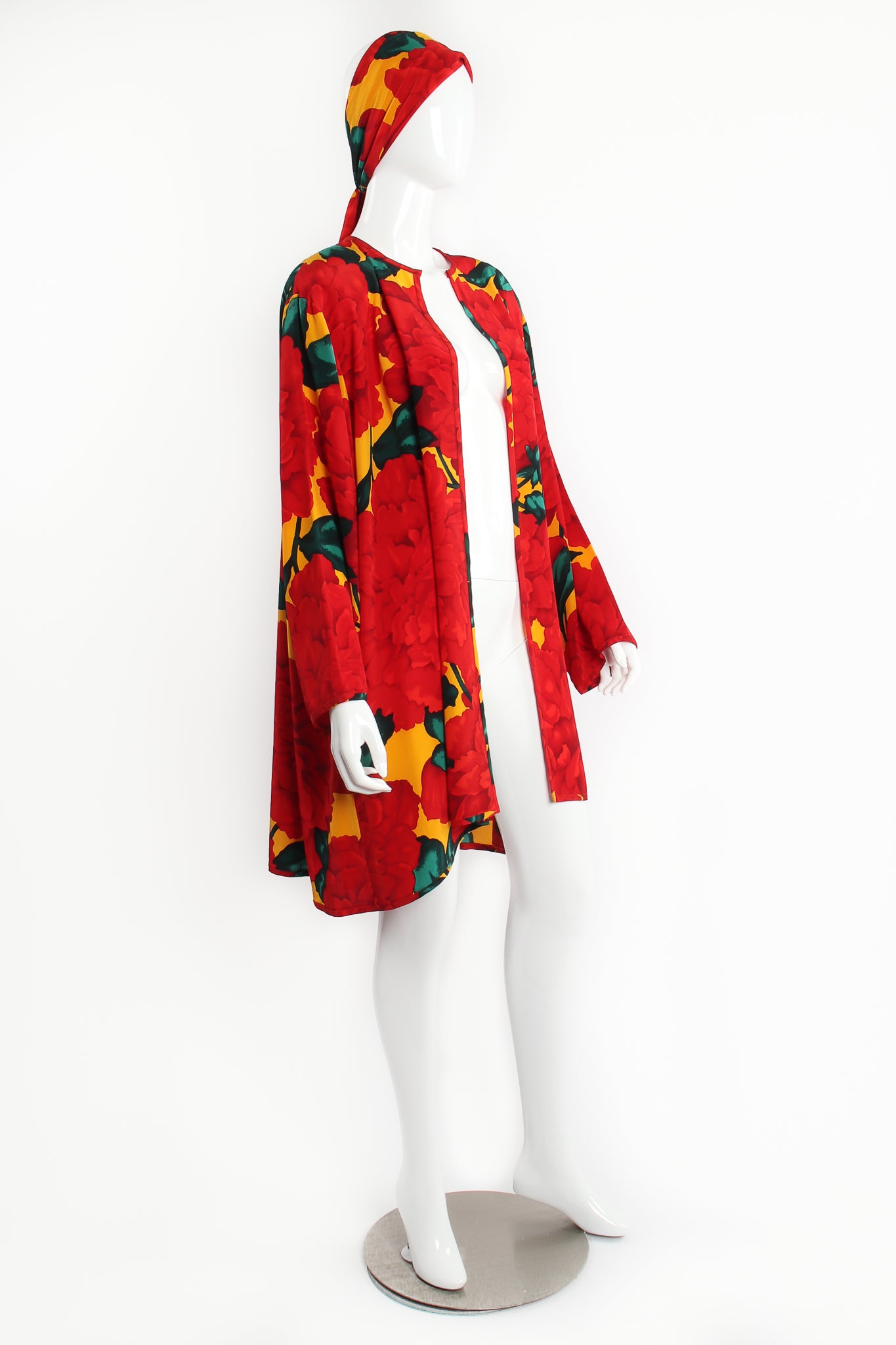 Vintage Akira Begonia Print Silk Duster on Mannequin open at Recess Los Angeles
