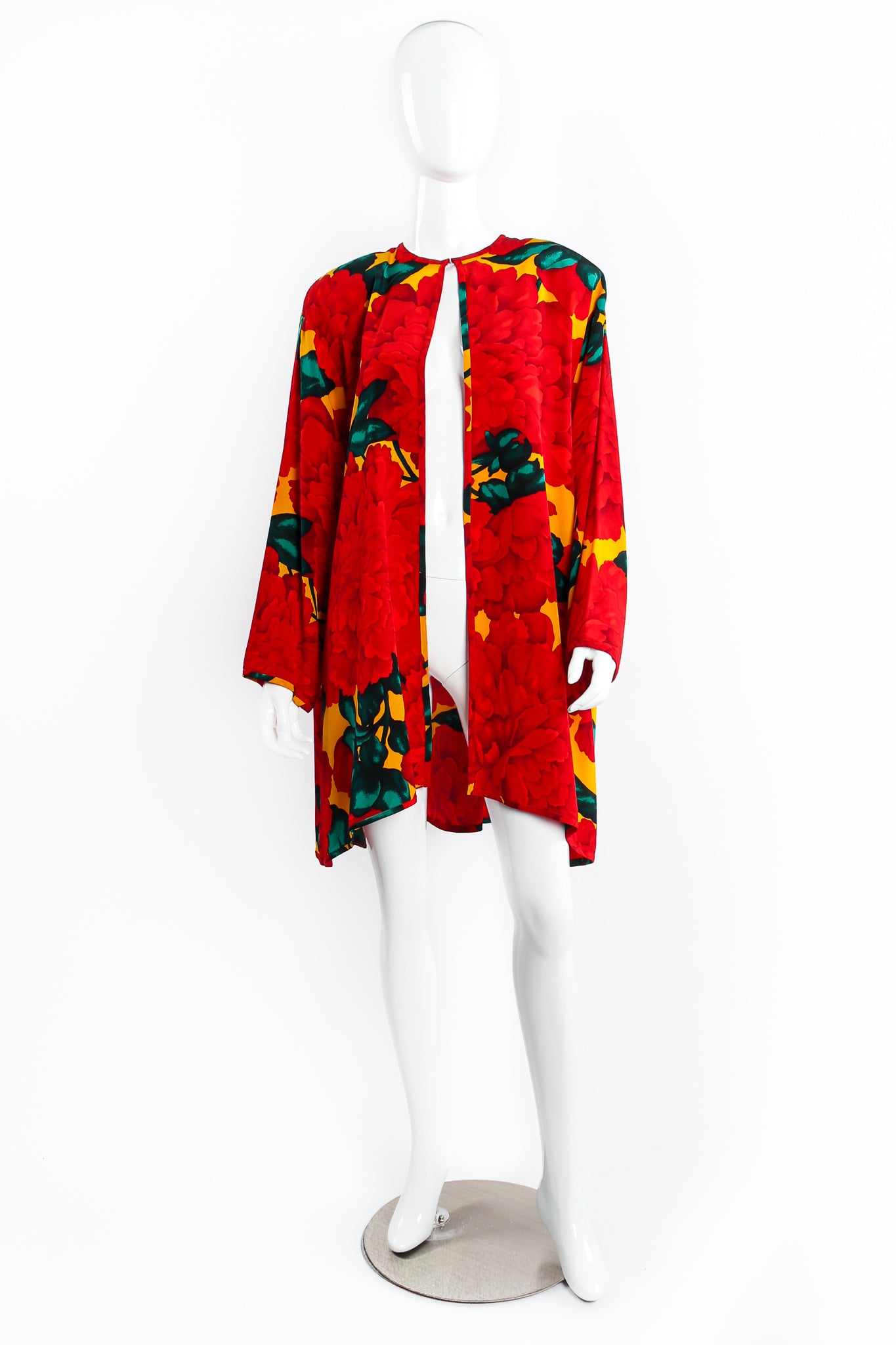 Vintage Akira Begonia Print Silk Duster on Mannequin front at Recess Los Angeles