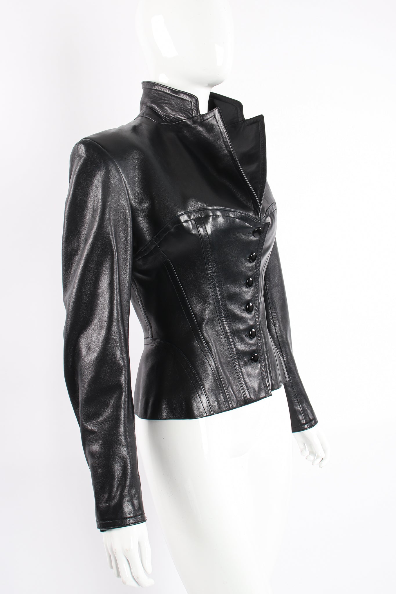 Vintage Alaia Leather Bustier Corset Jacket on Mannequin angle at Recess Los Angeles