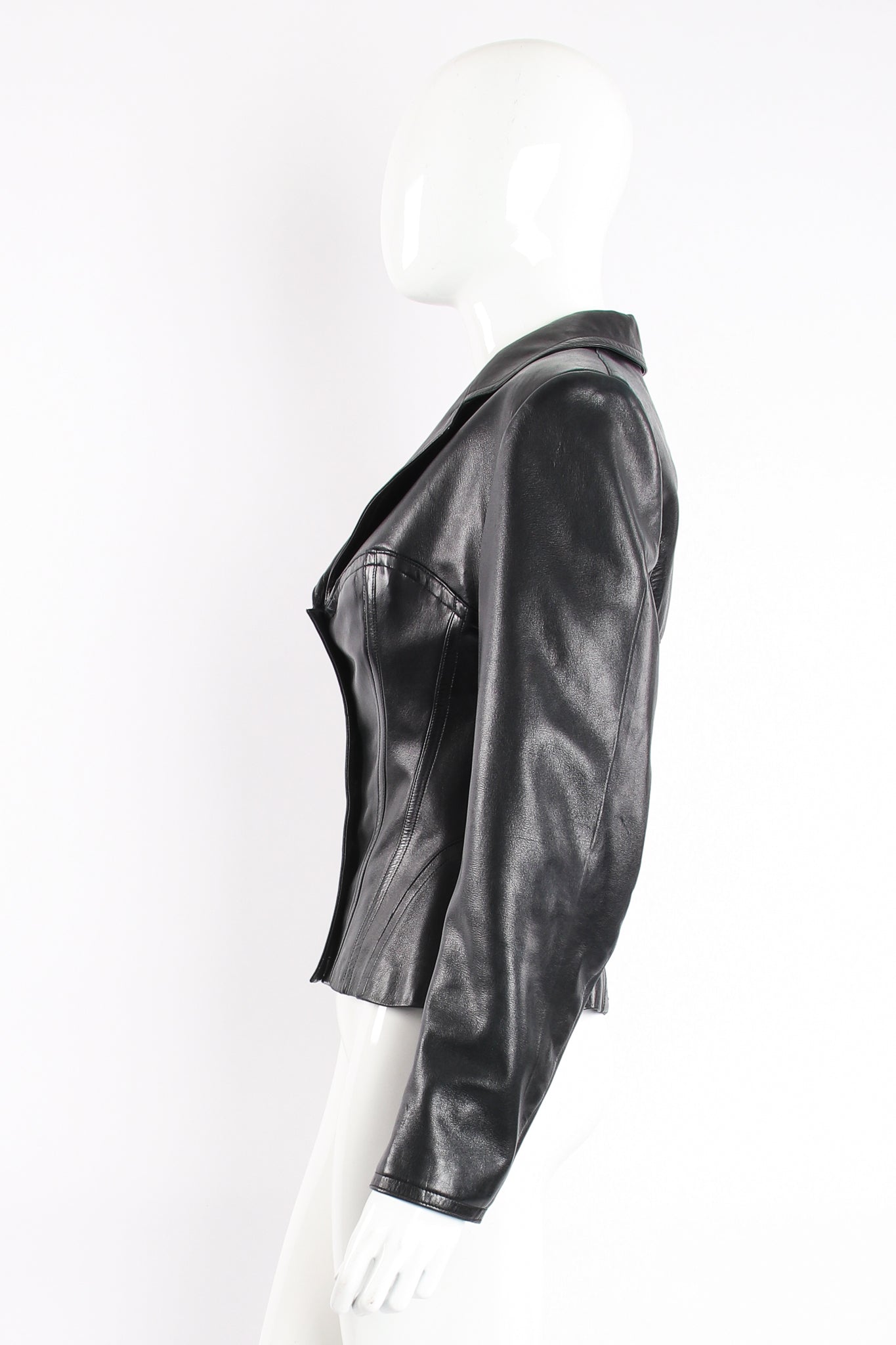 Vintage Alaia Leather Bustier Corset Jacket on Mannequin side at Recess Los Angeles