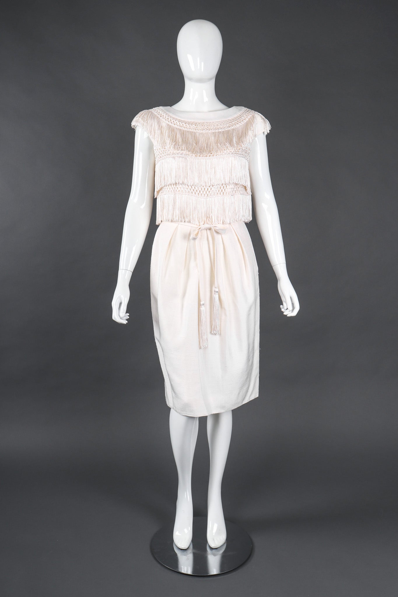 Recess Los Angeles Vintage Albert Nipon Raw Silk Fringed Bateau Cocktail Wedding Bridal Dress