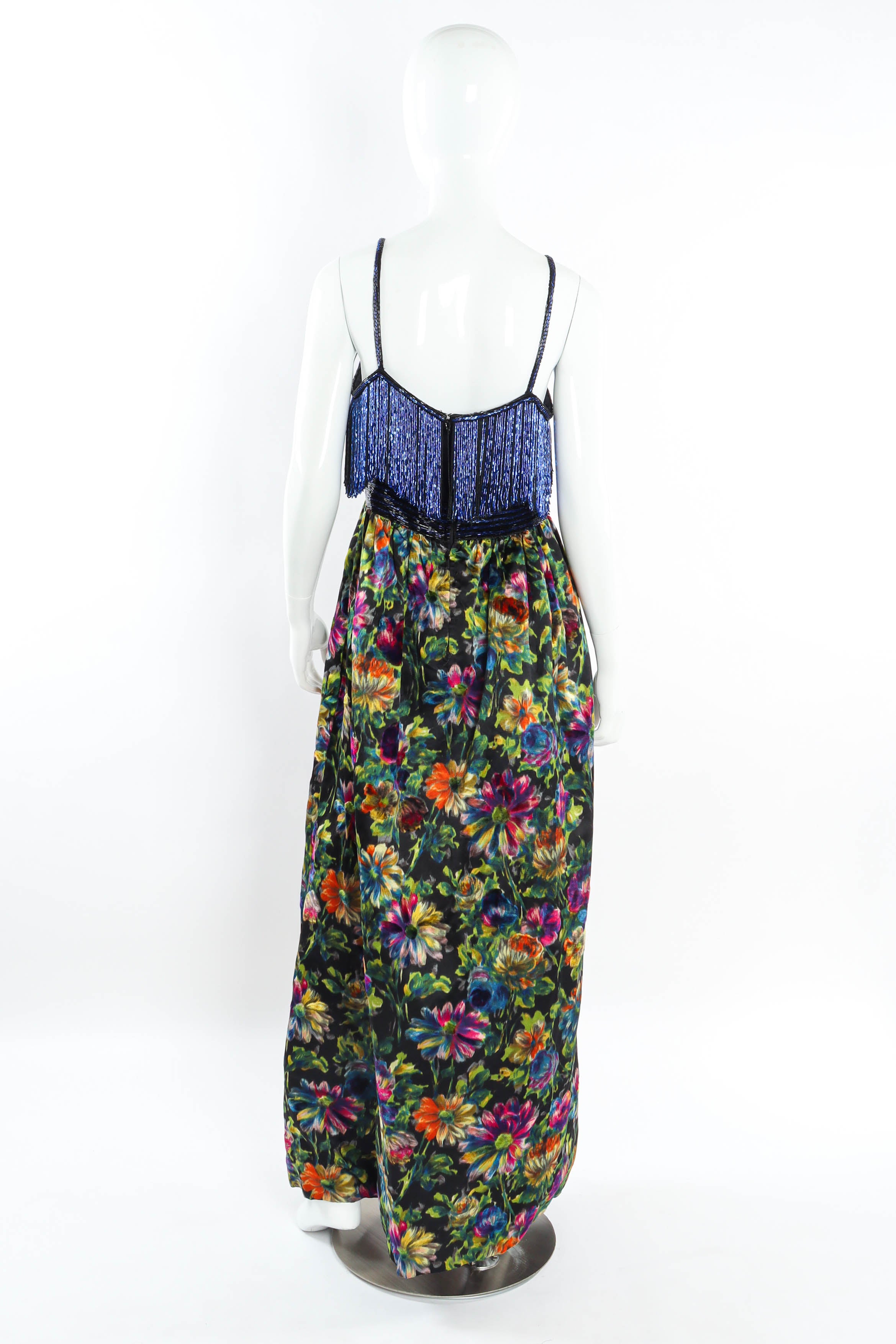 Vintage Alfred Bosand Daisy Print Beaded Gown mannequin back @ Recess Los Angeles