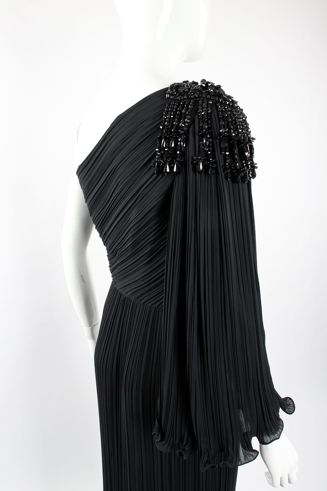 Vintage Alfred Bosand Asymmetrical Pleated Sleeve Gown on Mannequin back sleeve at Recess LA