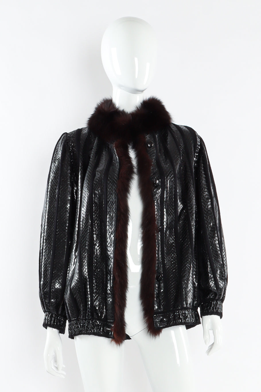 Vintage Amen Wardy Snake Leather Fur Jacket mannequin front sleeves down @ Recess LA