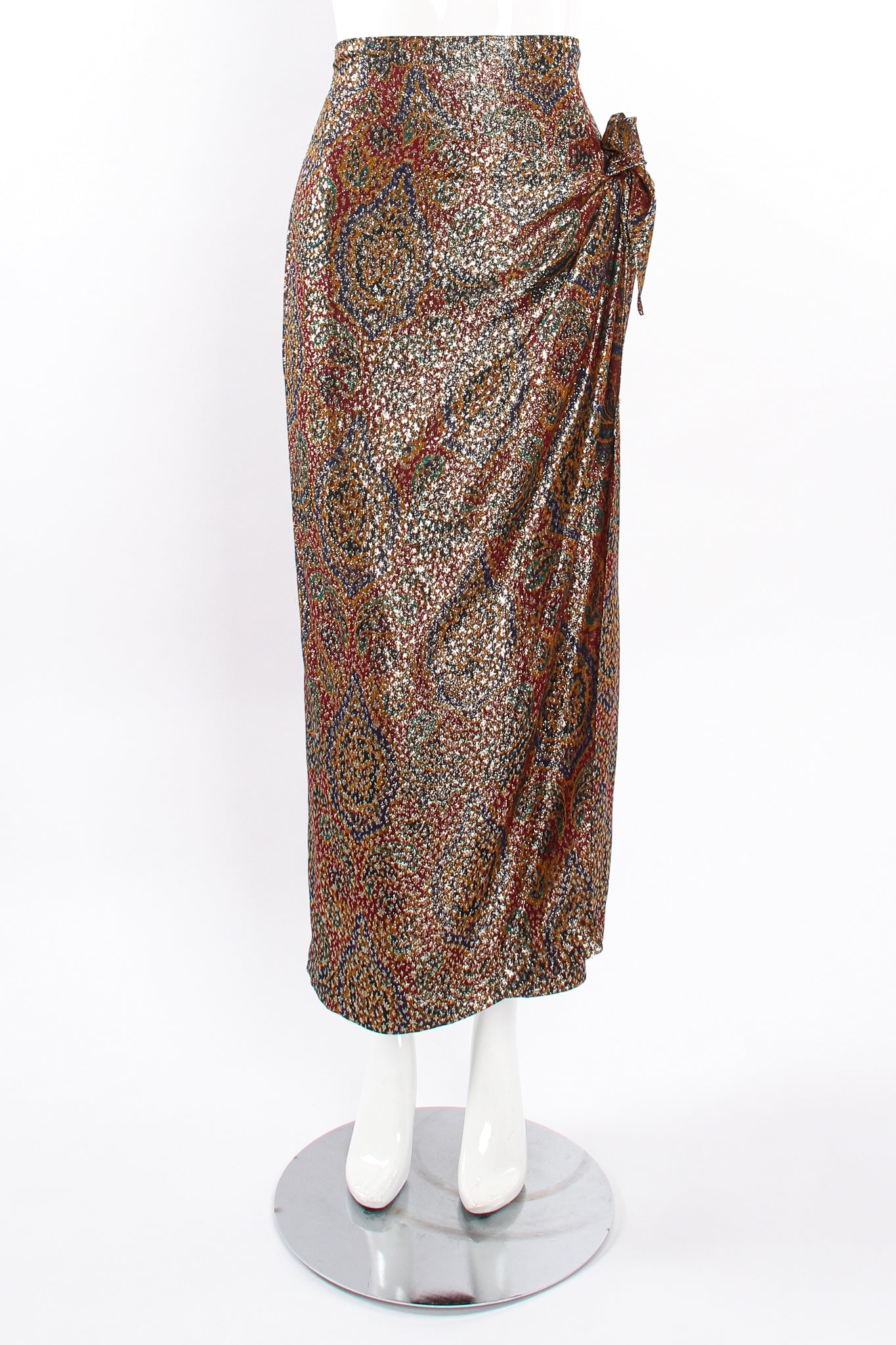 Vintage Anne Klein Faux Wrap Metallic Lamé Sarong Skirt on Mannequin front at Recess Los Angeles