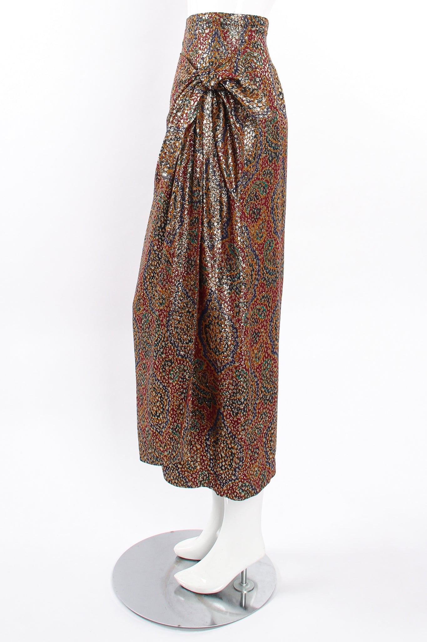 Vintage Anne Klein Faux Wrap Metallic Lamé Sarong Skirt on Mannequin side at Recess Los Angeles