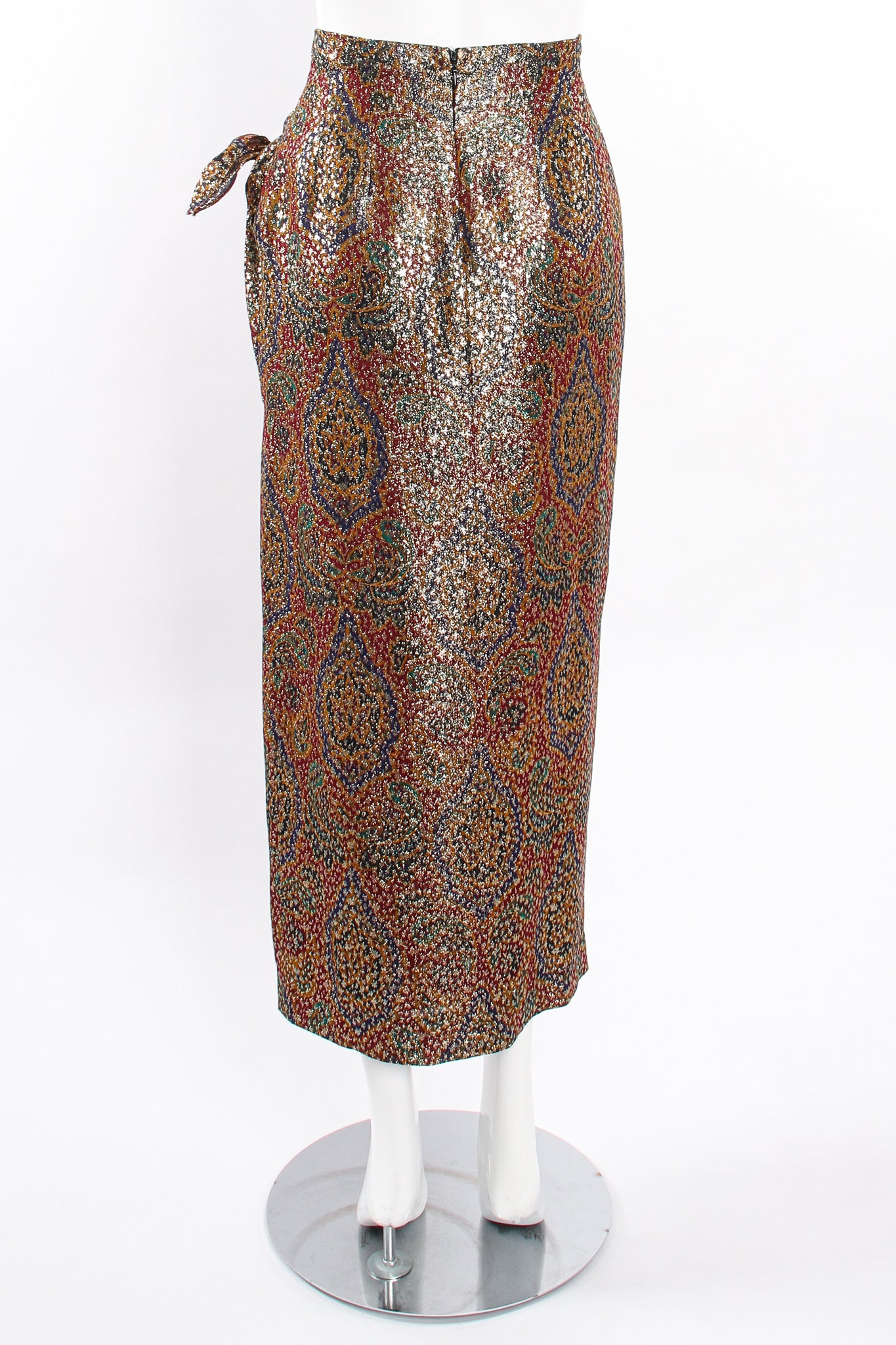 Vintage Anne Klein Faux Wrap Metallic Lamé Sarong Skirt on Mannequin back at Recess Los Angeles