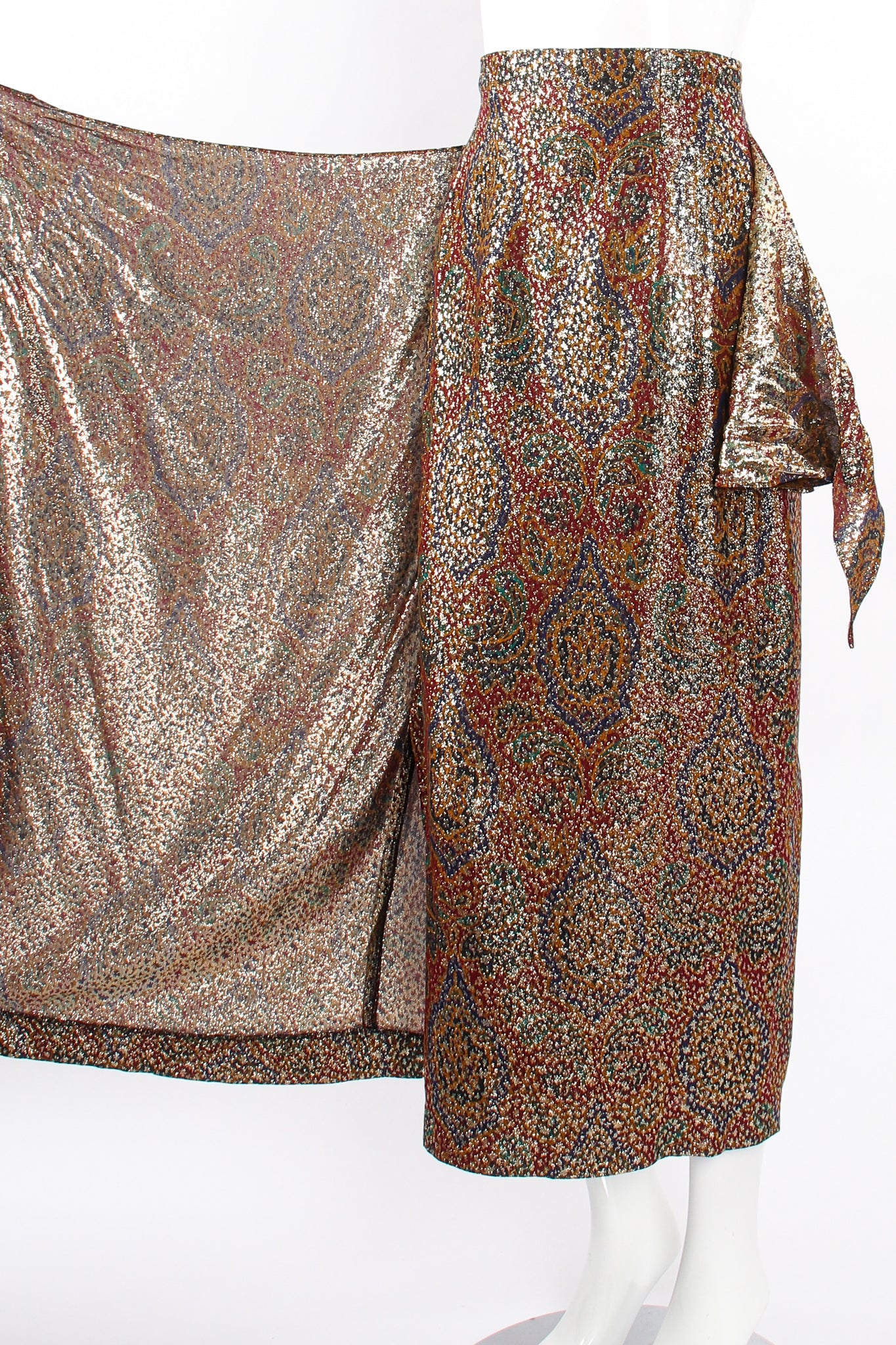 Vintage Anne Klein Faux Wrap Metallic Lamé Sarong Skirt on Mannequin wrap at Recess Los Angeles