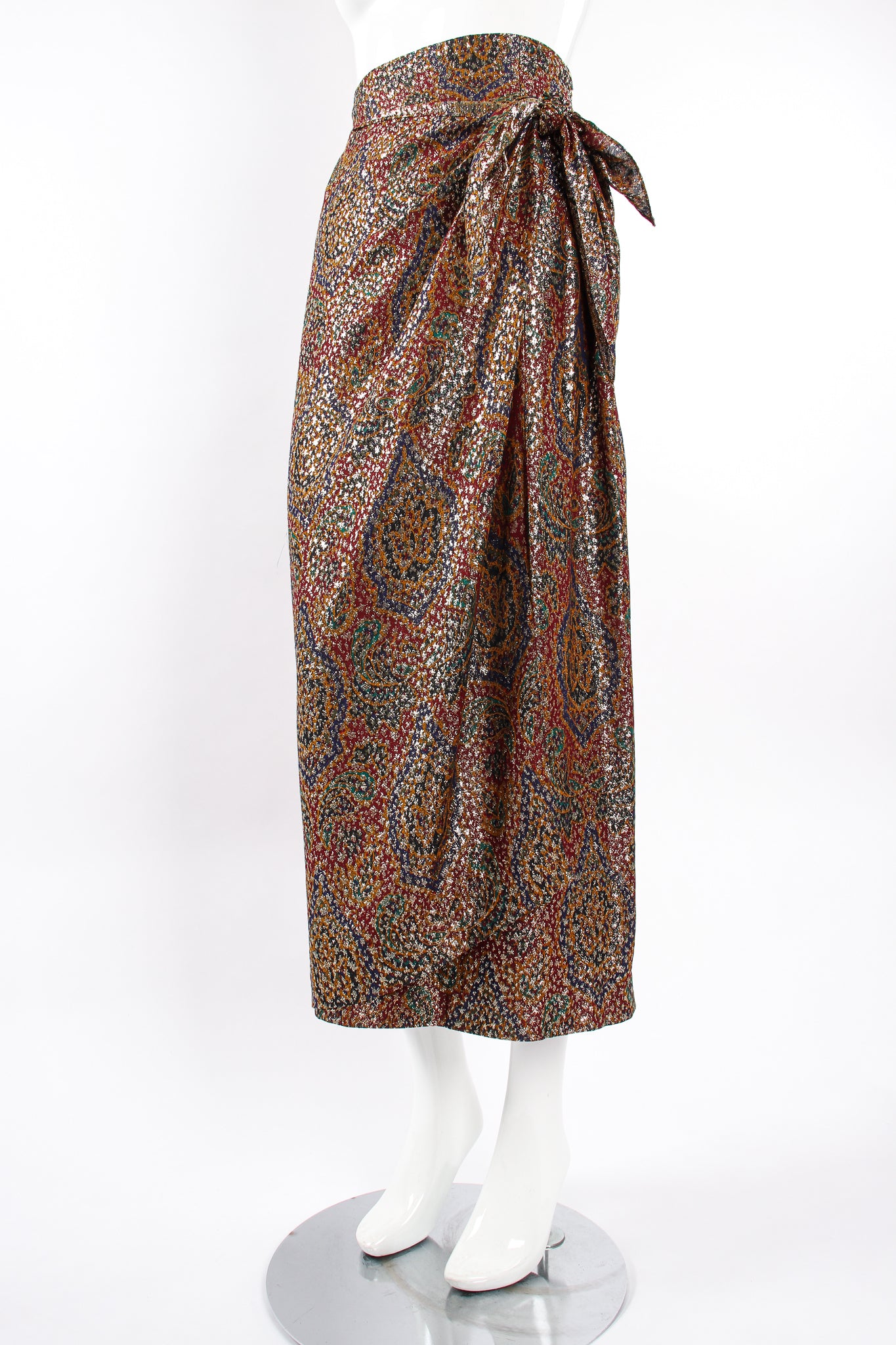 Vintage Anne Klein Faux Wrap Metallic Lamé Sarong Skirt on Mannequin angle at Recess Los Angeles