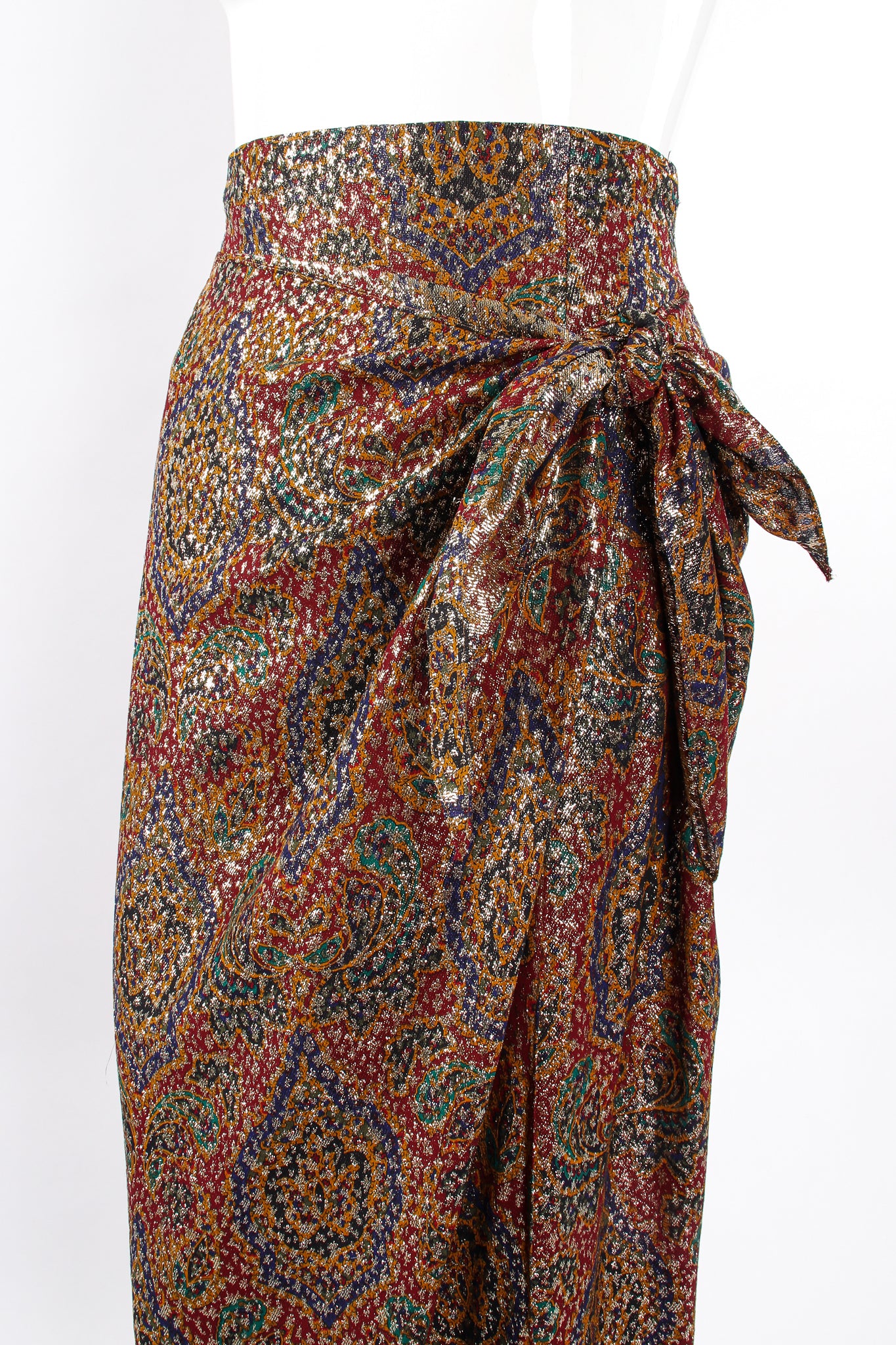 Vintage Anne Klein Faux Wrap Metallic Lamé Sarong Skirt on Mannequin crop at Recess Los Angeles