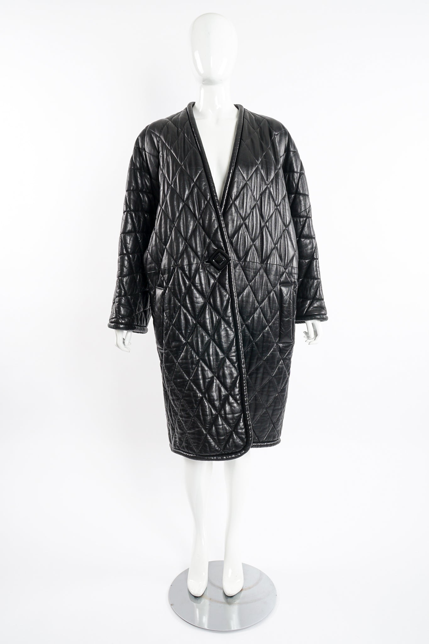 Vintage Anne Klein Quilted Leather Cocoon Coat on Mannequin front at Recess Los Angeles