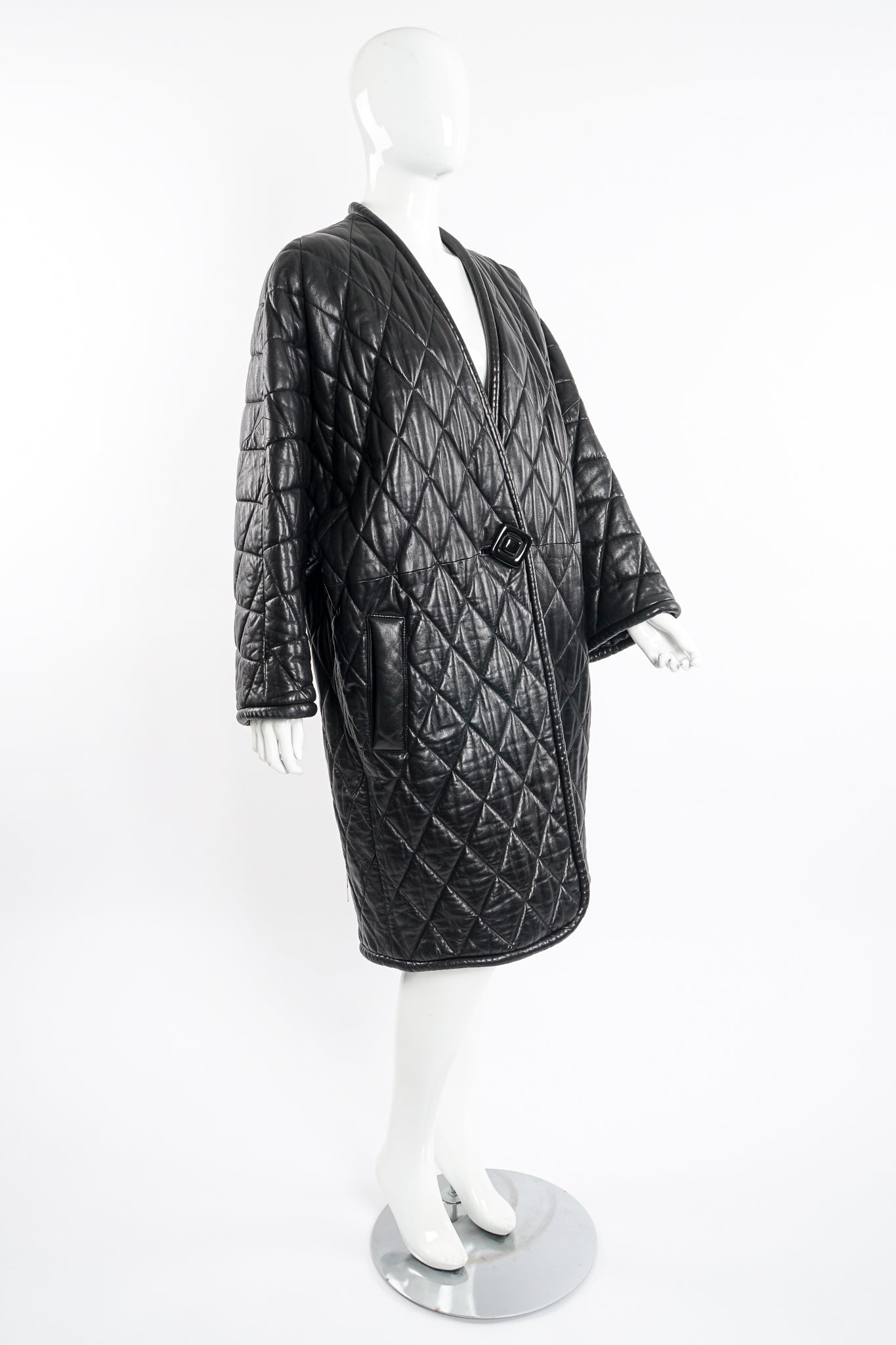 Vintage Anne Klein Quilted Leather Cocoon Coat on Mannequin side at Recess Los Angeles