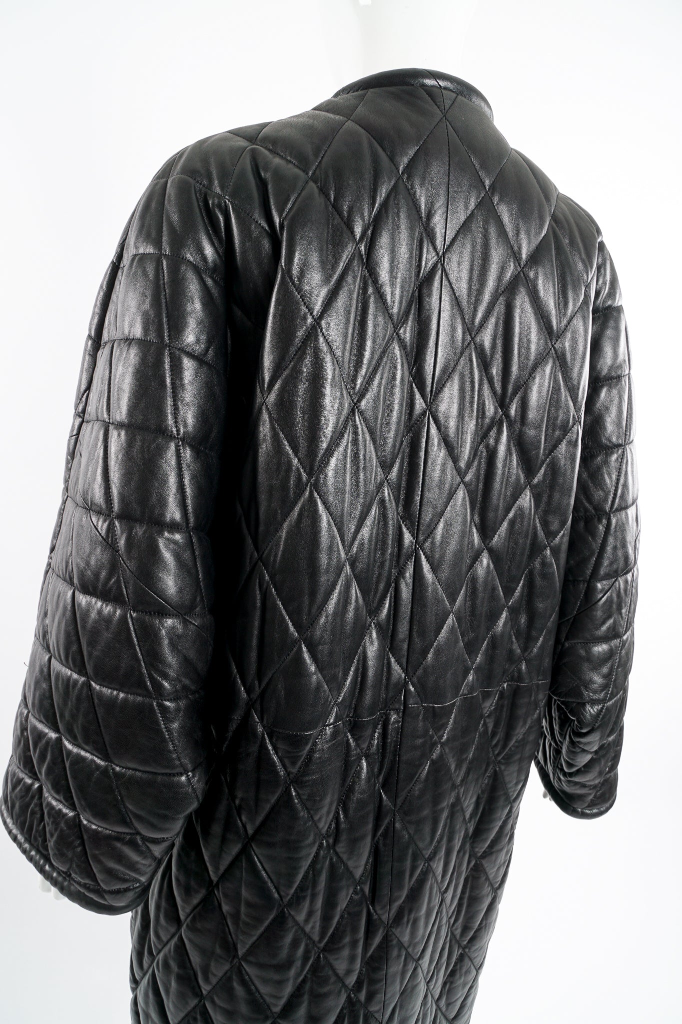 Vintage Anne Klein Quilted Leather Cocoon Coat on Mannequin back angle at Recess Los Angeles