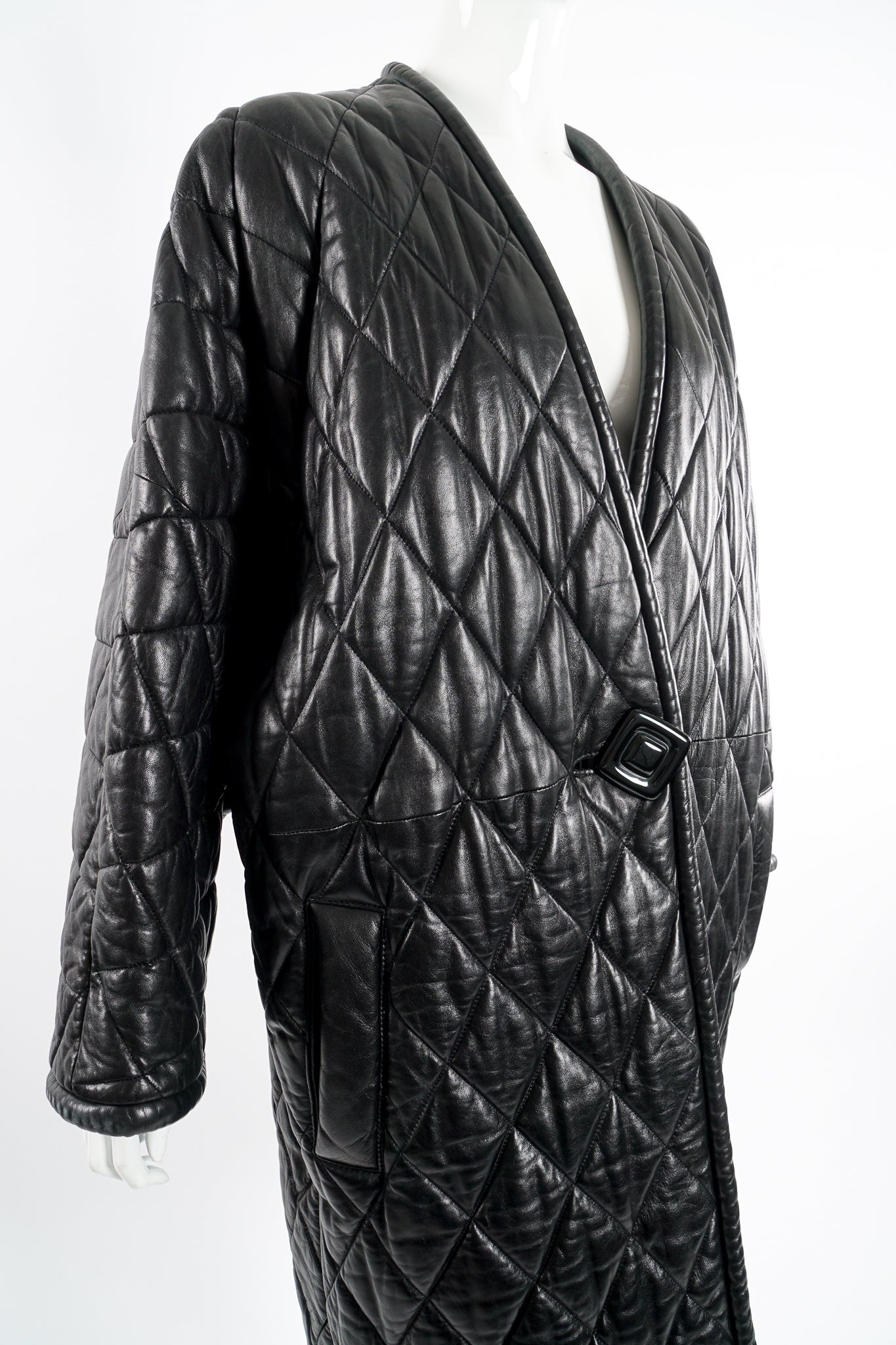 Vintage Anne Klein Quilted Leather Cocoon Coat on Mannequin angle at Recess Los Angeles