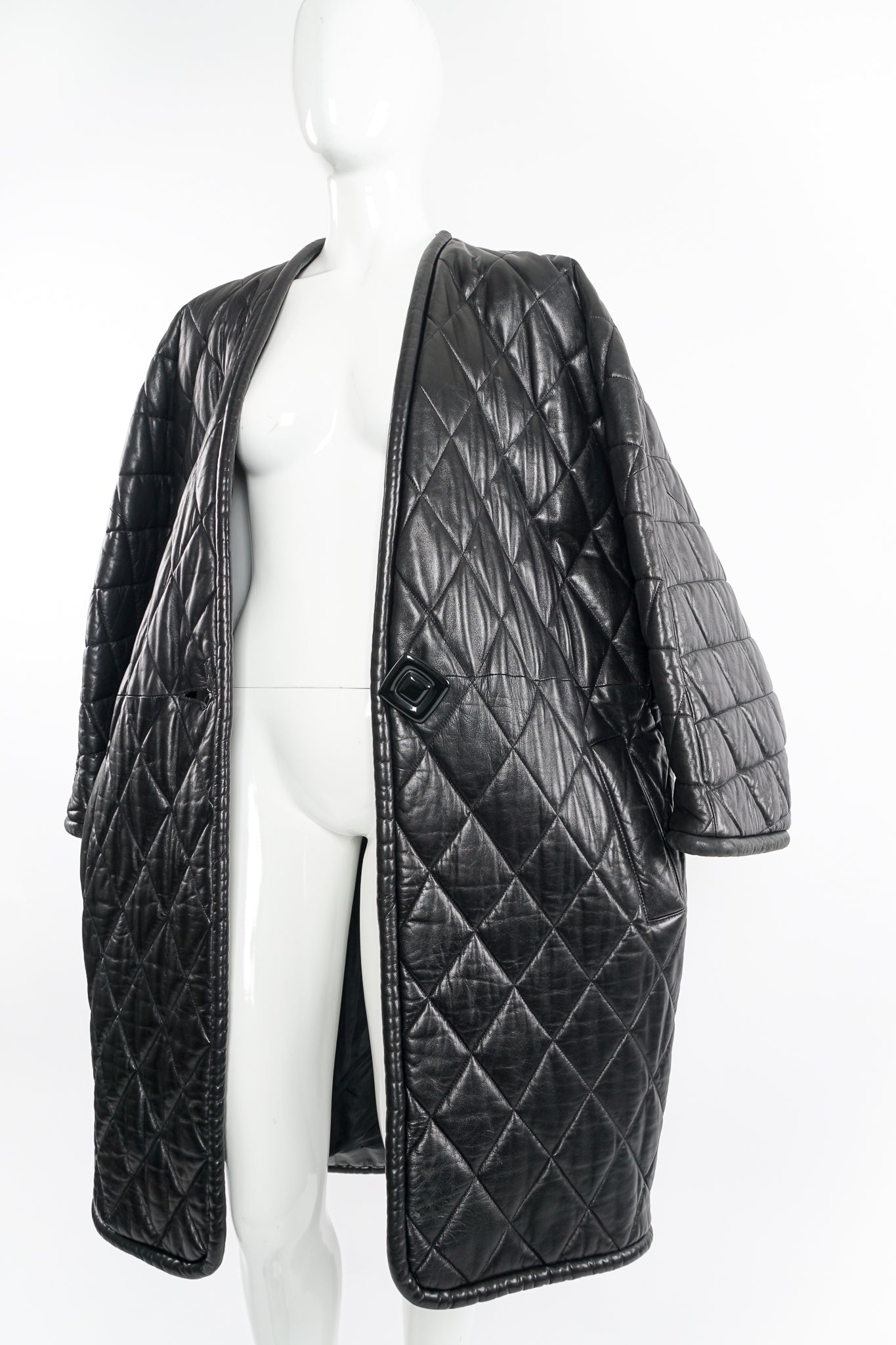 Vintage Anne Klein Quilted Leather Cocoon Coat on Mannequin open at Recess Los Angeles